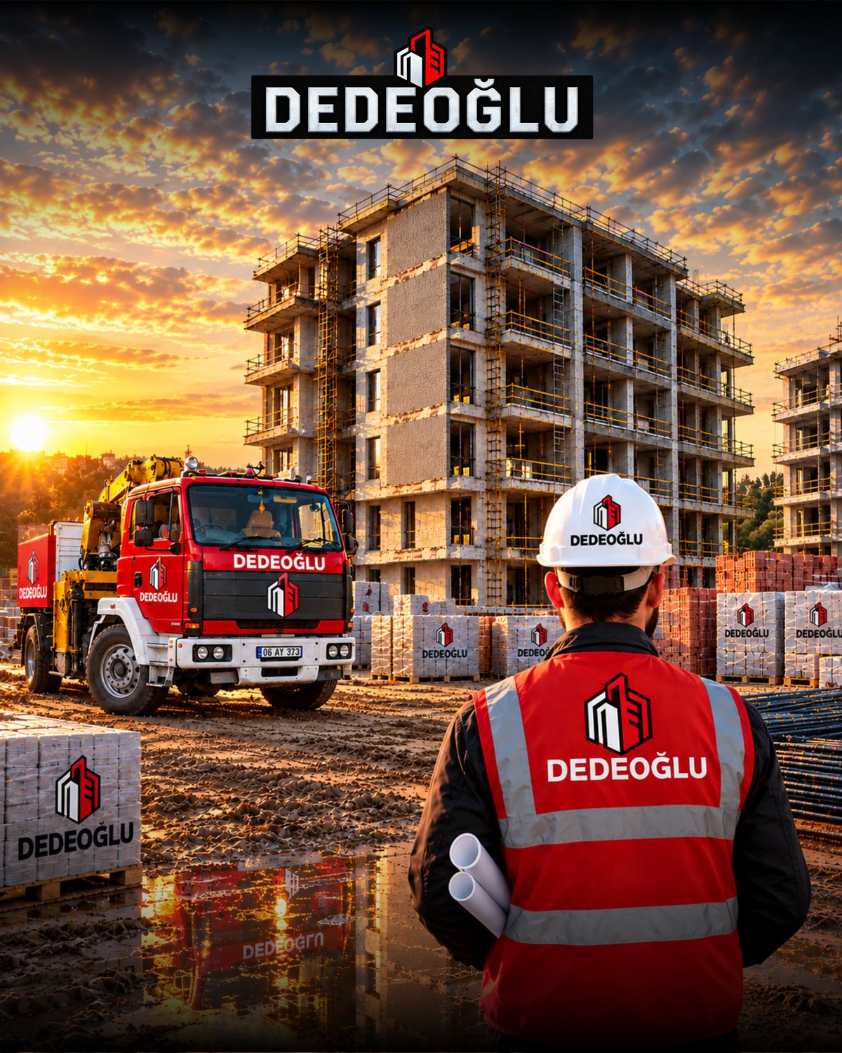 Dedeoğlu İnşaat şantiyesi, vinçli kamyon ve yapı malzemeleri